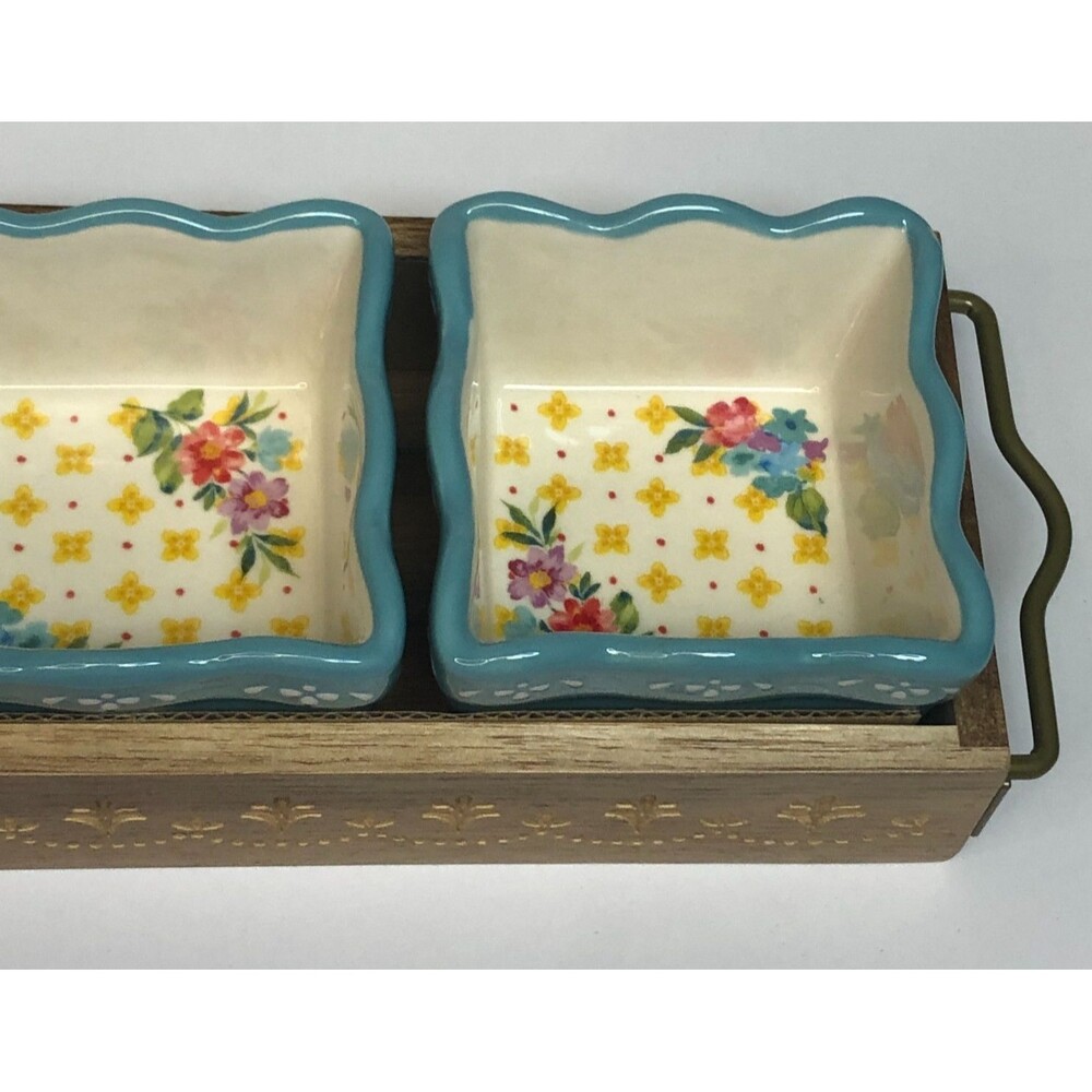 Pioneer Woman Blooming Bouquet Condiment Dish Set Mini Dip Square Bowl Wood Tray - Picture 7 of 11